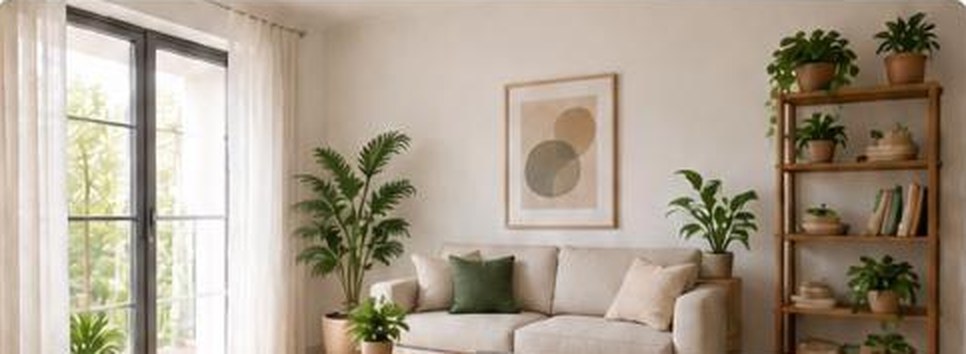 A calm living room with plants integrated near the window, sofa and a shelf