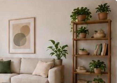 A wooden shelf with several thriving potted plants beside a sofa
