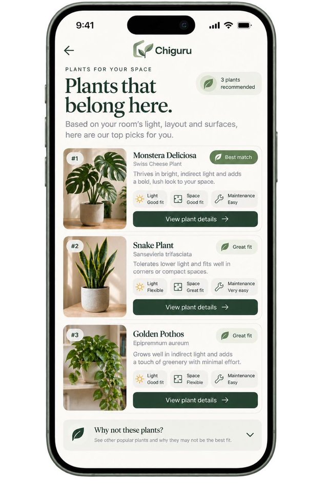 Chiguru screen listing three recommended plants for a room
